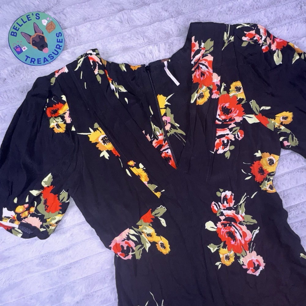 Free People Black Neon Garden Floral Mini V-Neck Sundress Babydoll Waist Size 4